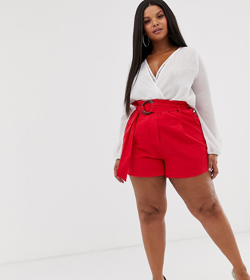 PrettyLittleThing Plus exclusive woven shorts with belt detail in red