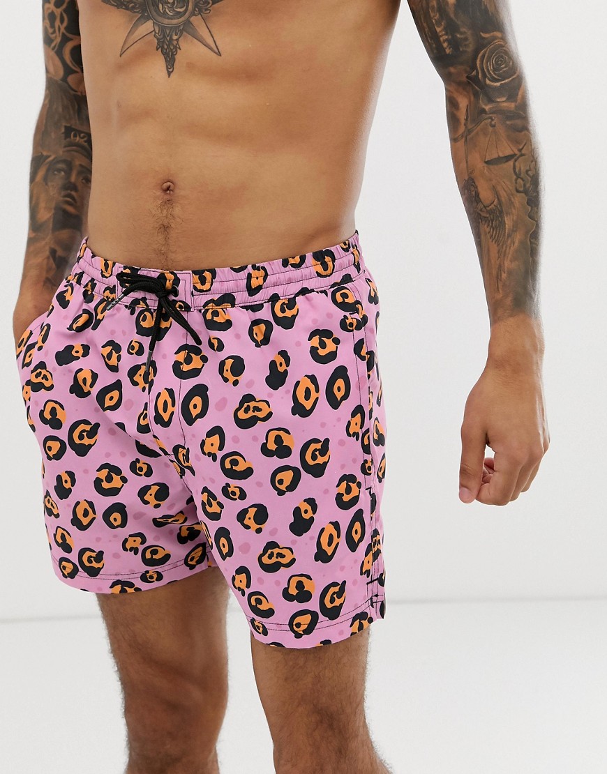 boohooMAN swimshorts in pink leopard print