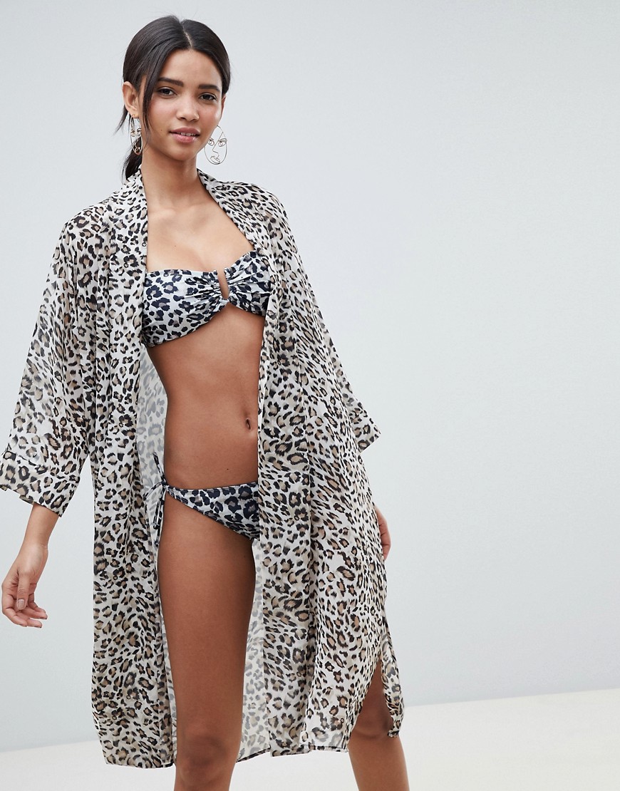 Gestuz leopard print beach kimono in 100% recycled polyester - Beige animal print