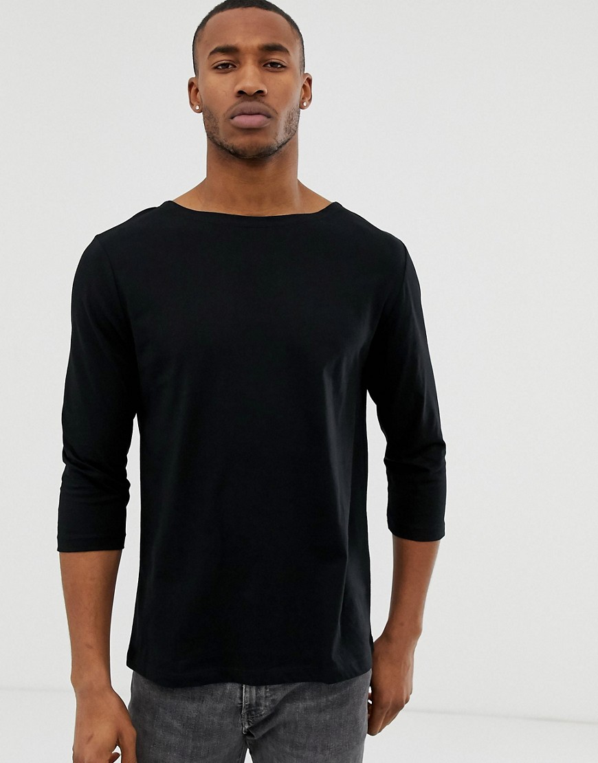 ASOS DESIGN relaxed 3/4 sleeve t-shirt with boat neck in black
