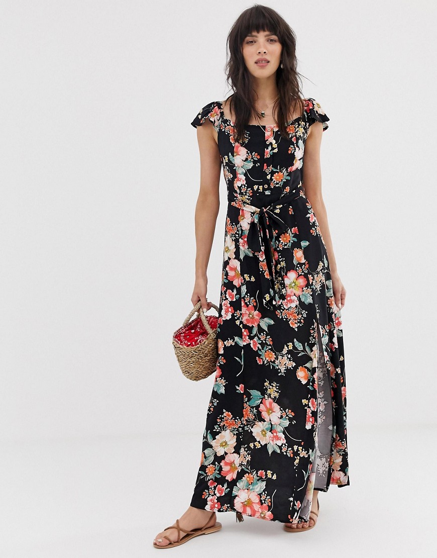Band Of Gypsies Button Front Off Shoulder Maxi Dress In Black Floral Print