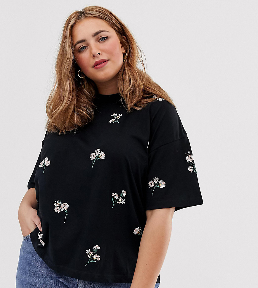 ASOS DESIGN Curve boxy t-shirt with all over ditsy embroidery