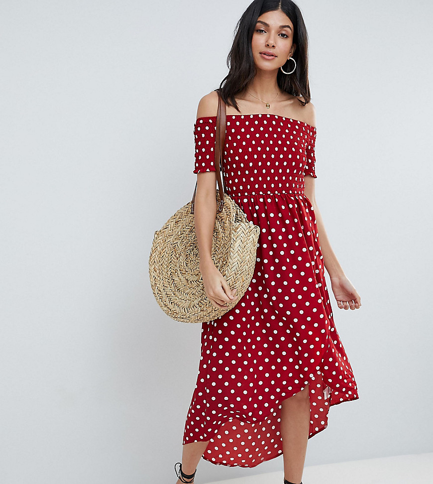 Parisian Tall Polka Dot Off Shoulder Midi Dress - Red