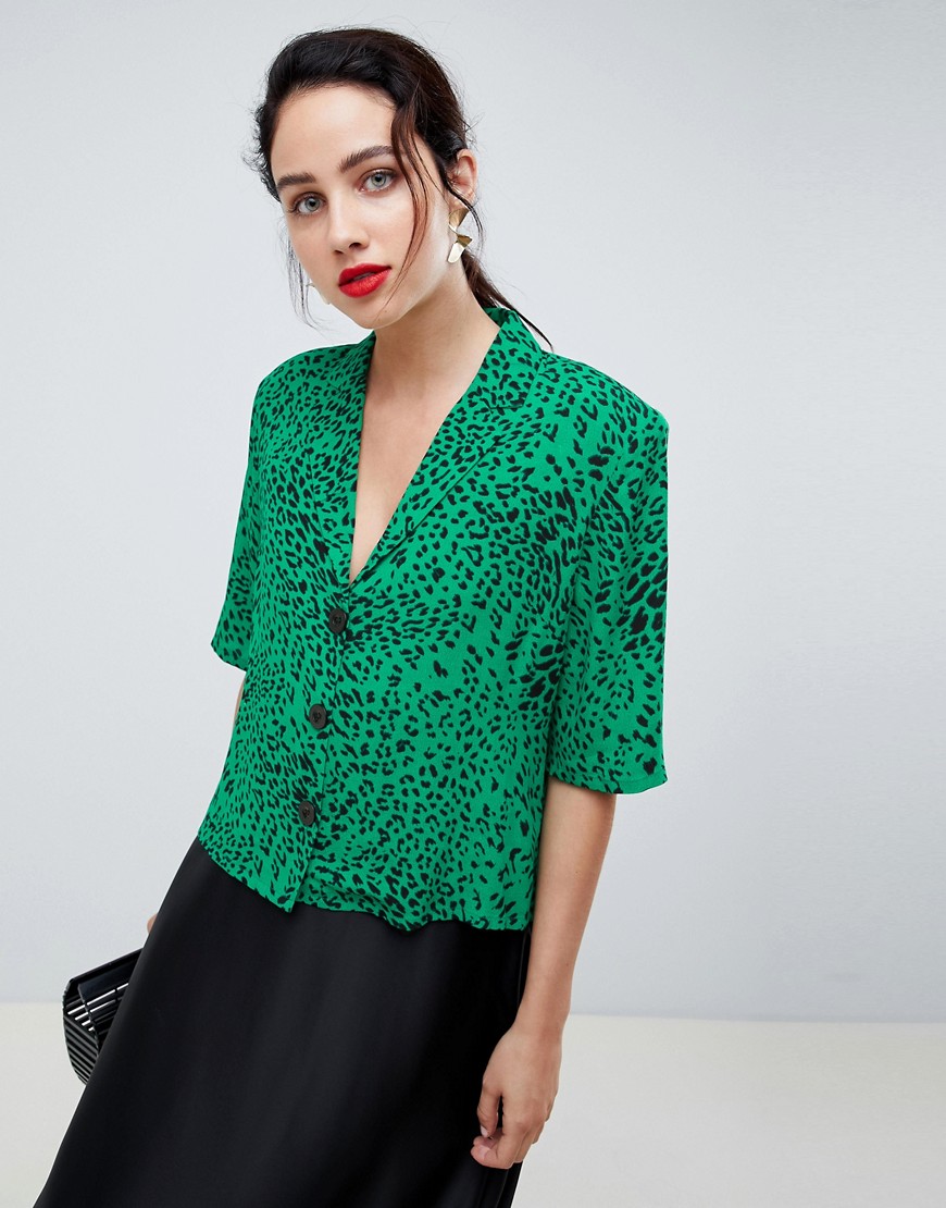 Gestuz leopard print shirt with shoulder pads - Green leopard