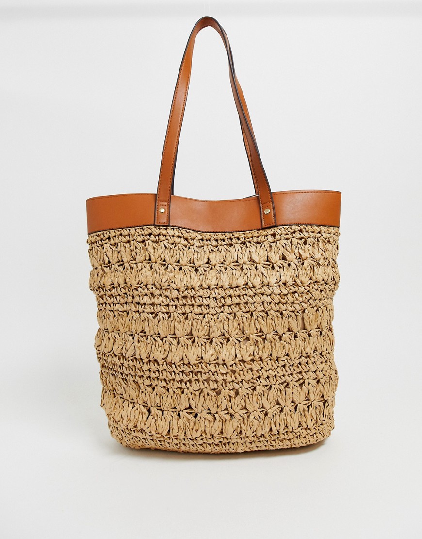 Warehouse straw shopper with pu detail in tan