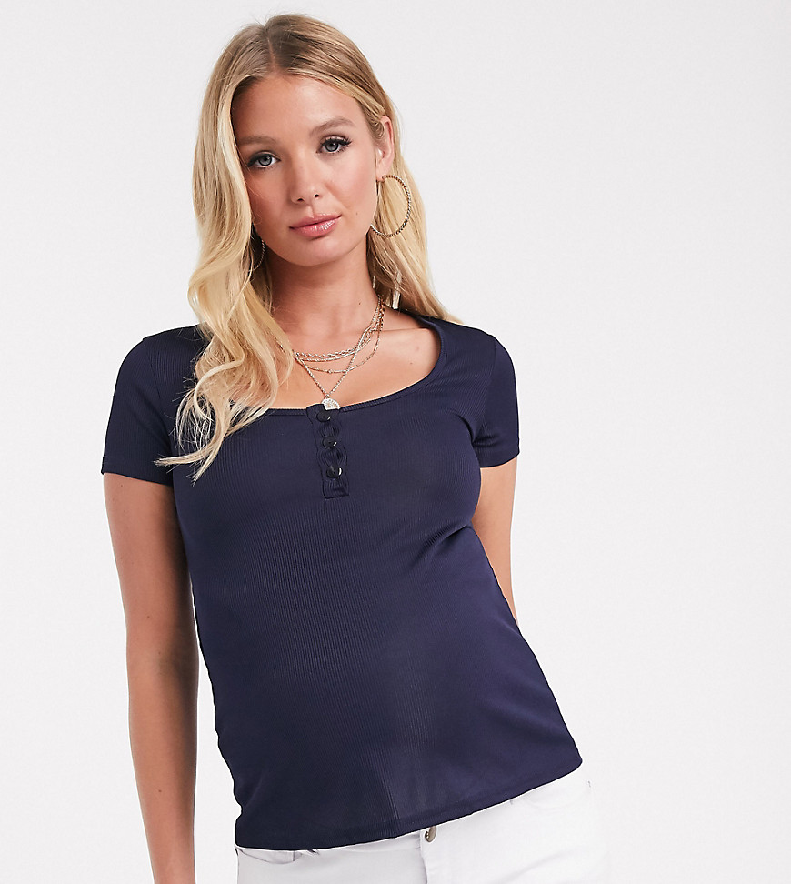 Fashionkilla Maternity button through plunge ribbed top in navy