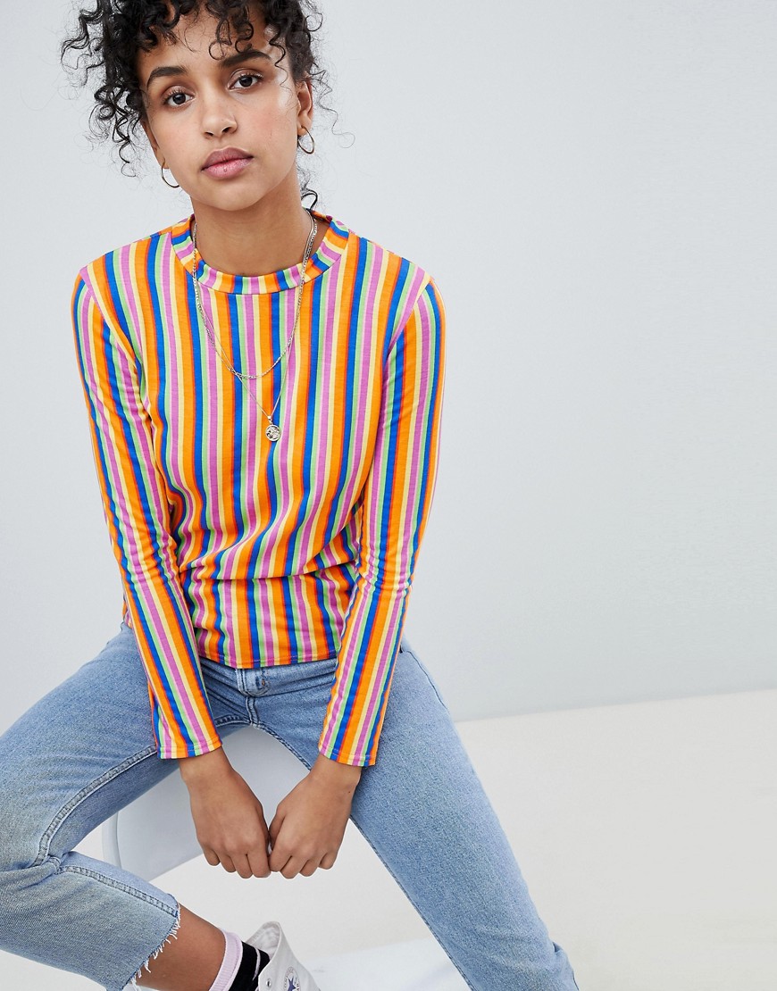Daisy Street Long Sleeve T-Shirt In Neon Stripe - Multi stripe