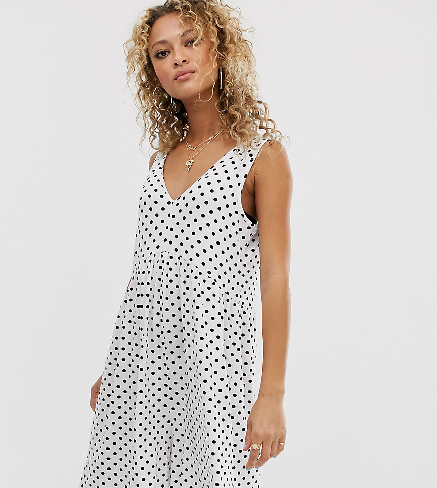 ASOS DESIGN curved smock playsuit in white spot print