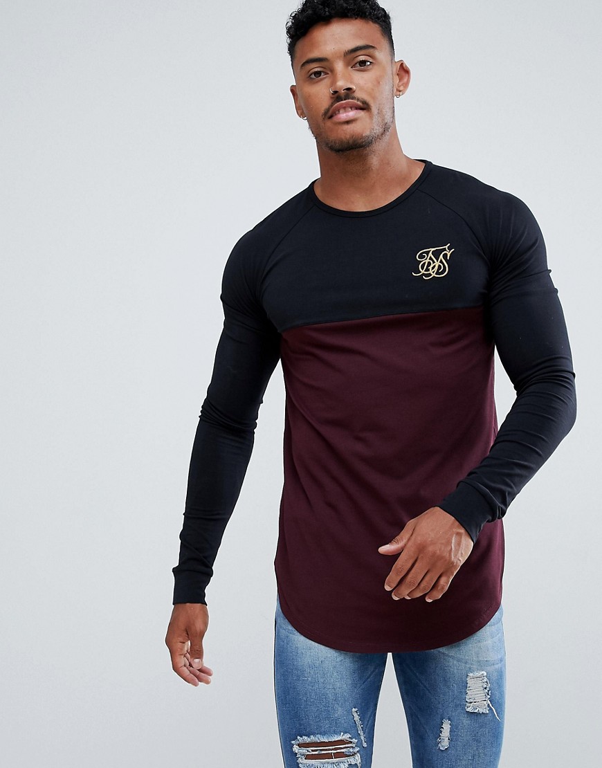 SikSilk long sleeve raglan t-shirt in black with burgundy panel