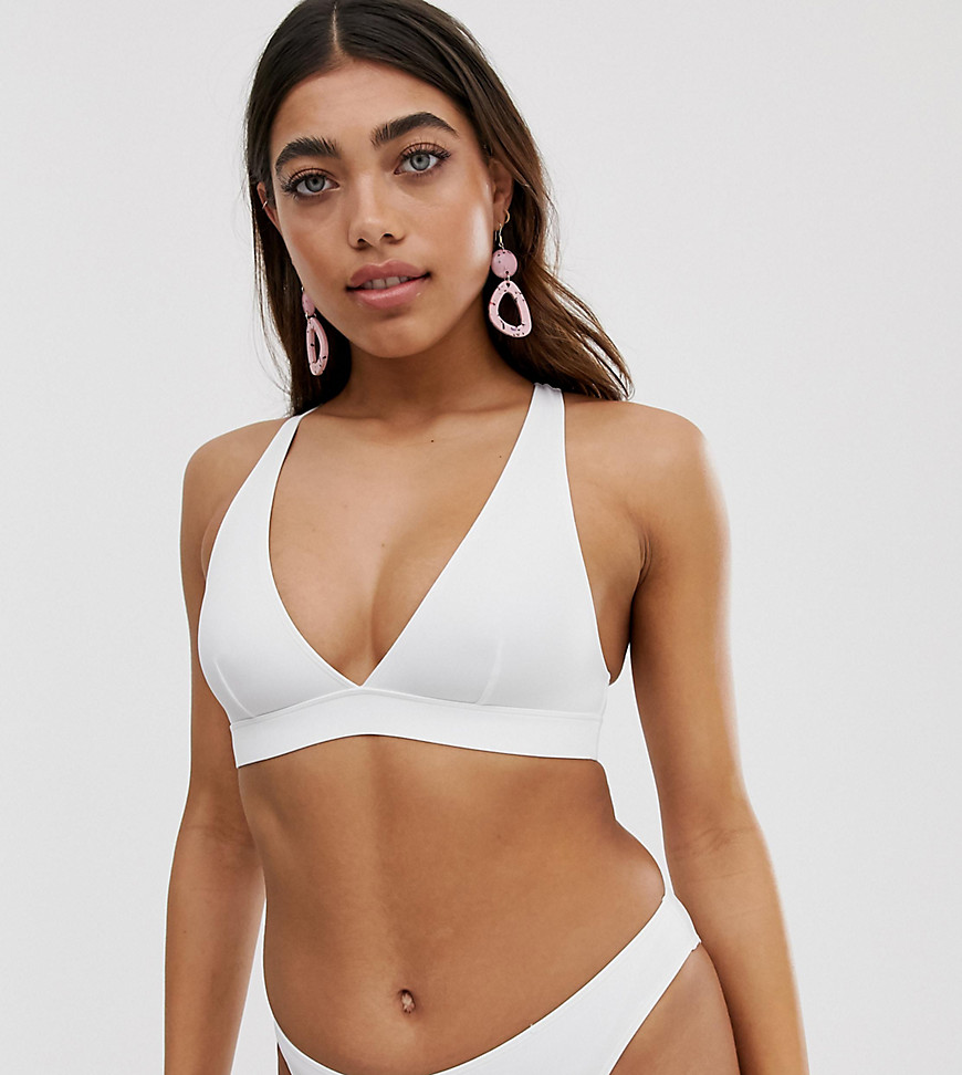 Monki plunge cross back bikini top in white