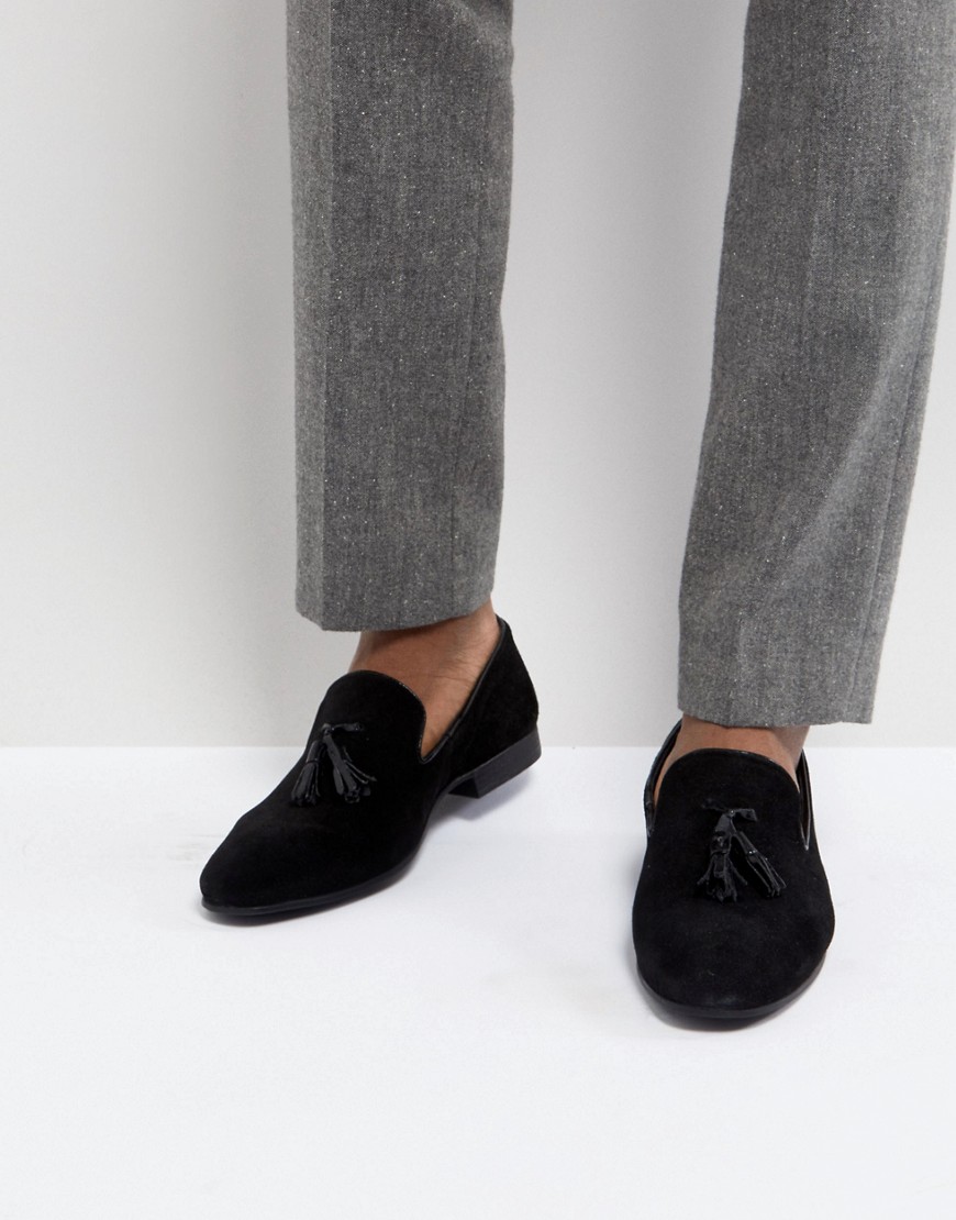 Silver Street Tassel Loafers In Black Suede - Black