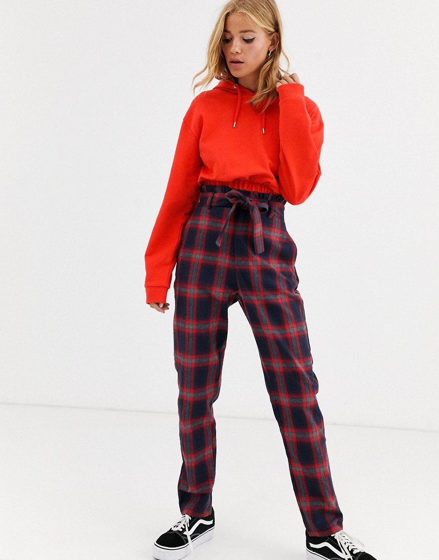Heartbreak paperbag waist tailored trousers in navy and red check