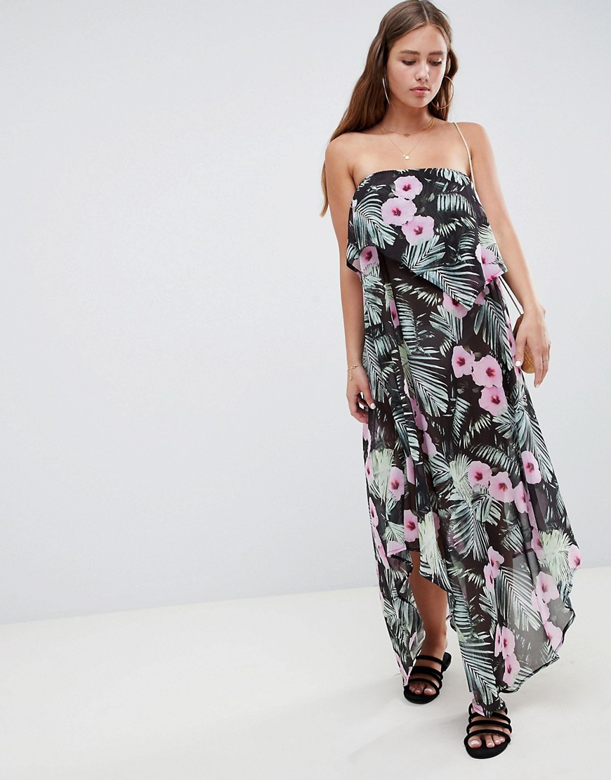 ASOS DESIGN Floaty Layer Bandeau Maxi Beach Dress In Tropical Print