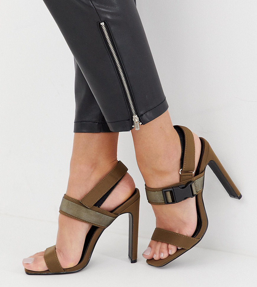 Missguided heeled sandals with buckle detail in khaki