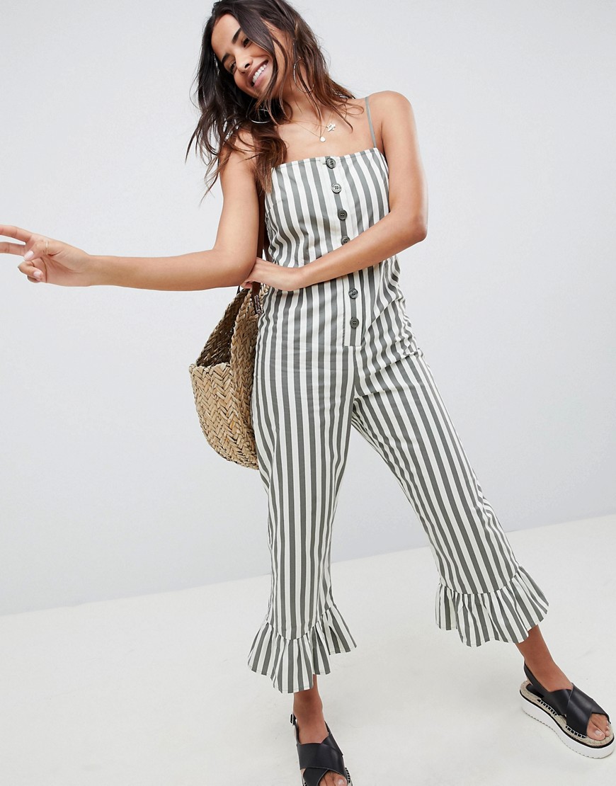 Asos Design Cotton Frill Hem Jumpsuit With Square Neck And Button Detail In Stripe-multi