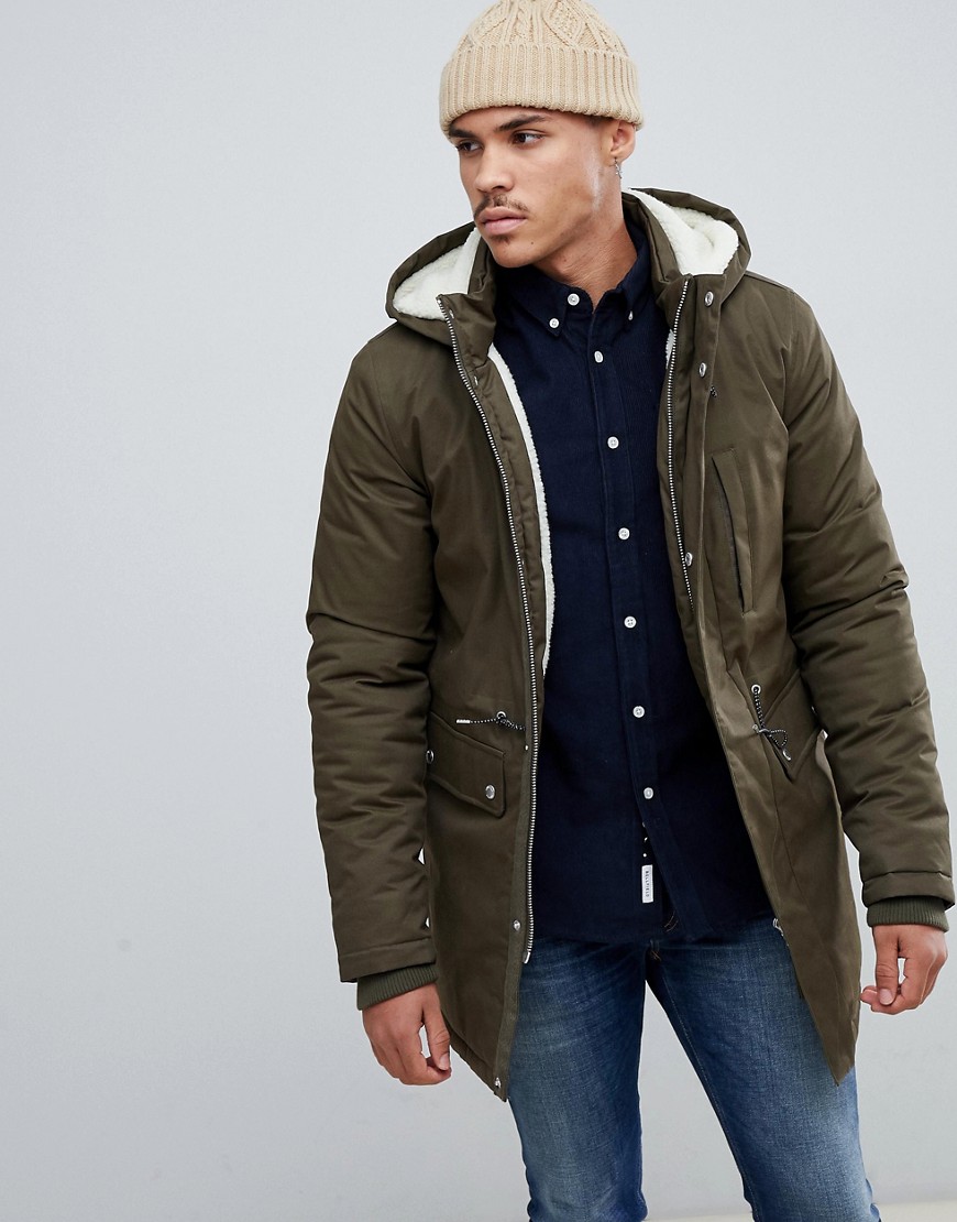 Bellfield Borg Lined Parka With Hood In Khaki