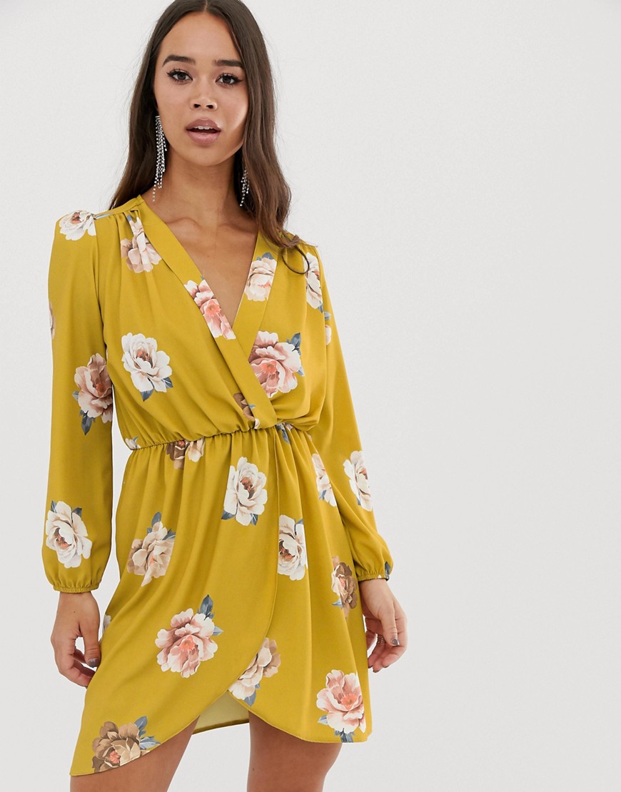Love wrap over floral dress in mustard