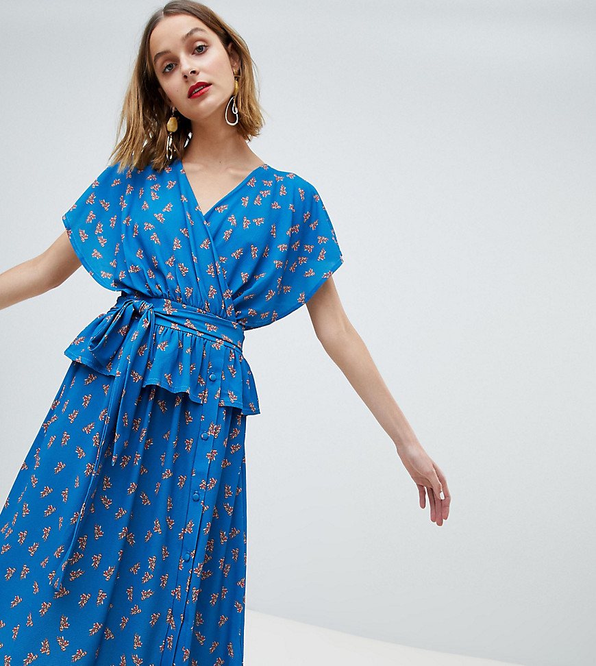 Lost Ink Wrap Front Midi Dress With Button Detail In Ditsy Floral - Blue floral