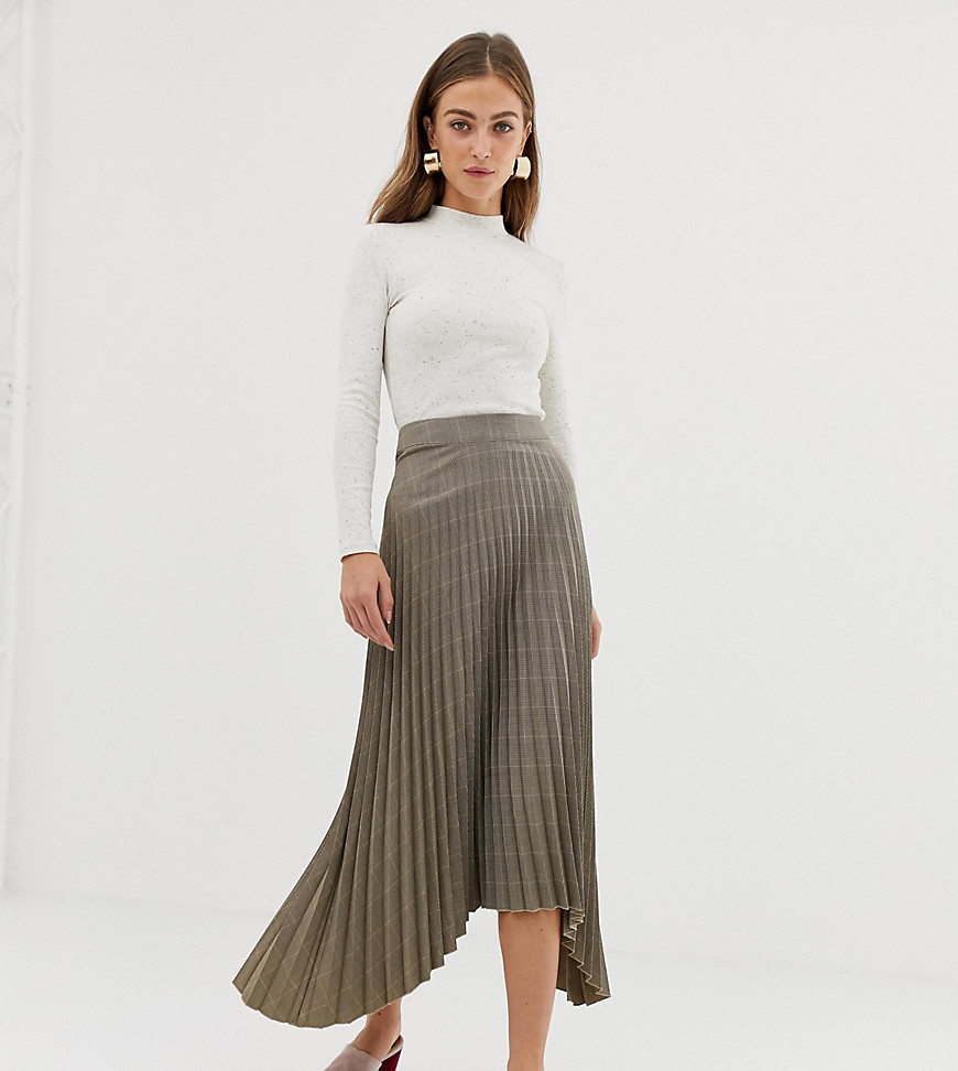 Warehouse pleated midi skirt with asymmetric hem in check