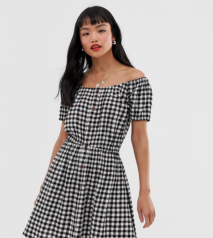 Brave Soul Petite off shoulder dress in gingham with button front