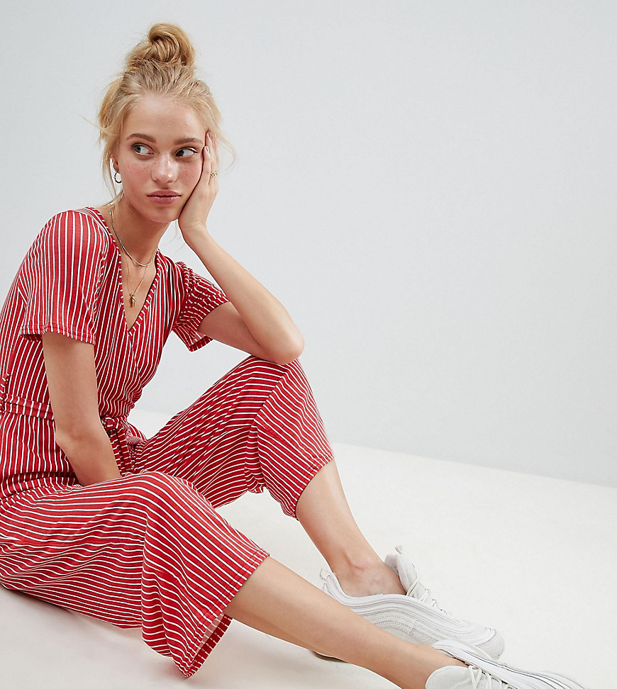 Daisy Street Jumpsuit With Wrap Front In Stripe - Red stripe