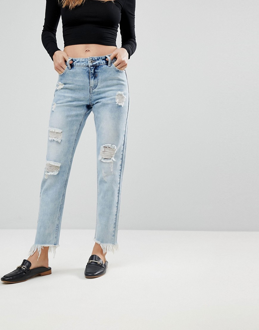Urban Bliss Cropped Straight Leg Jean with Distressing - Lightwash blue