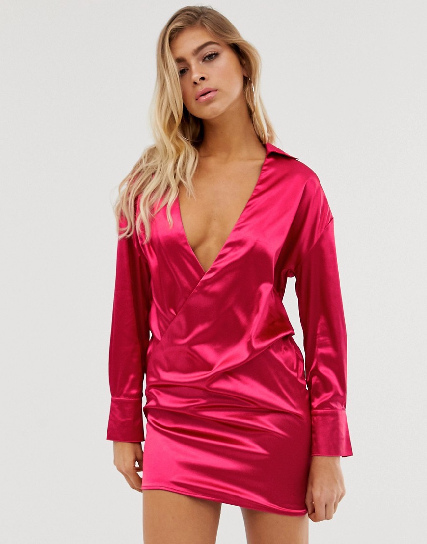 In The Style Satin Plunge Shirt Dress