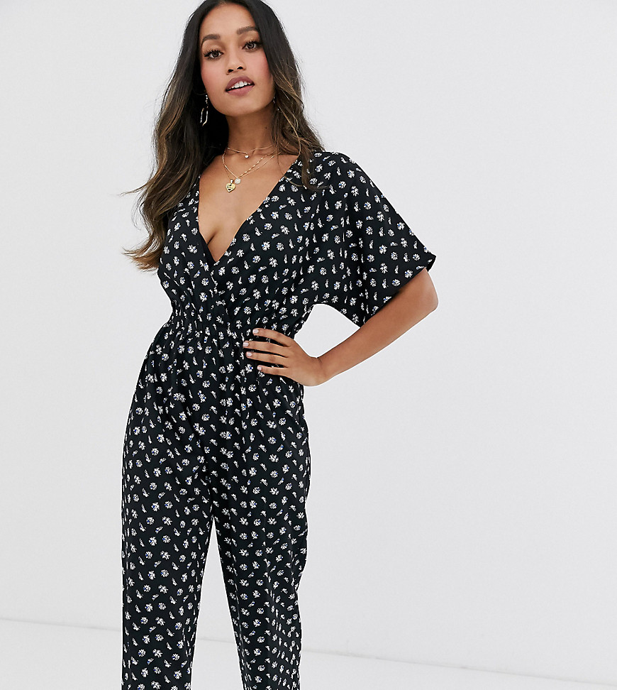 Boohoo Petite exclusive wrap jumpsuit in black ditsy floral
