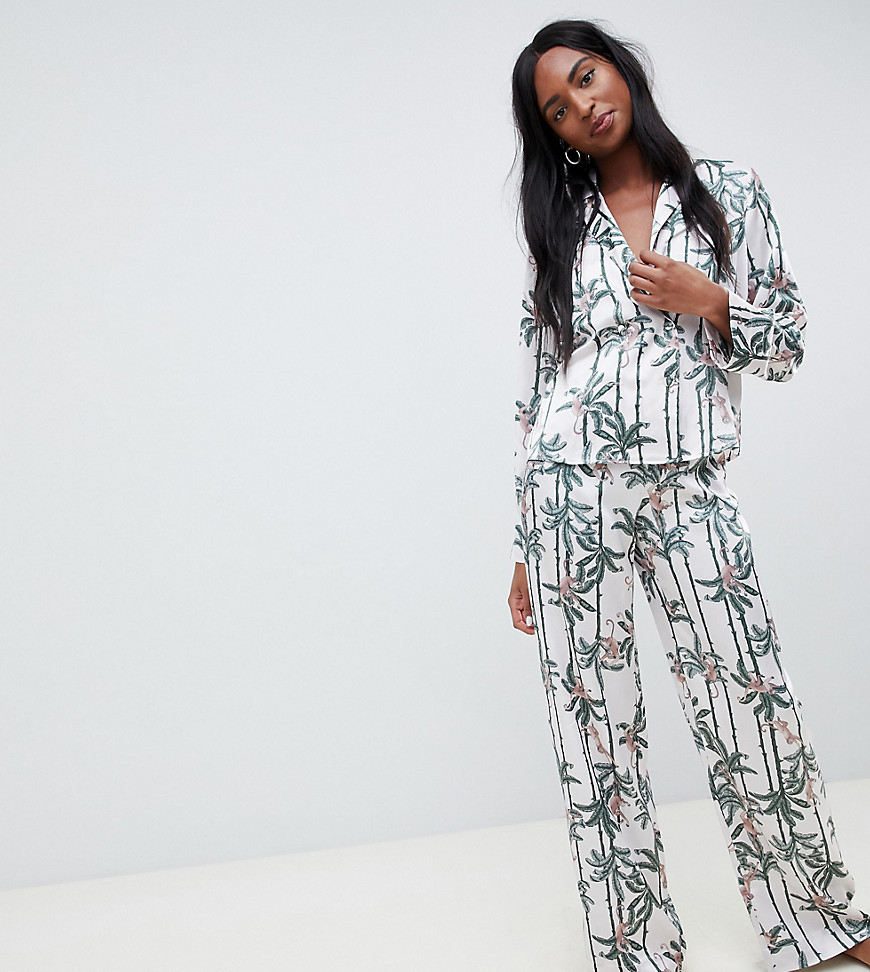 ASOS DESIGN Tall monkey print double breasted shirt and trouser pyjama set