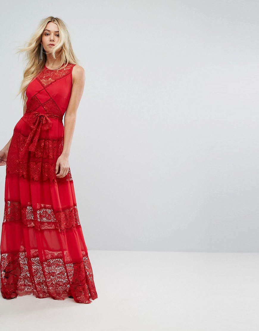 Bodyfrock Tiered Lace Maxi Dress With Tie Belt - Red