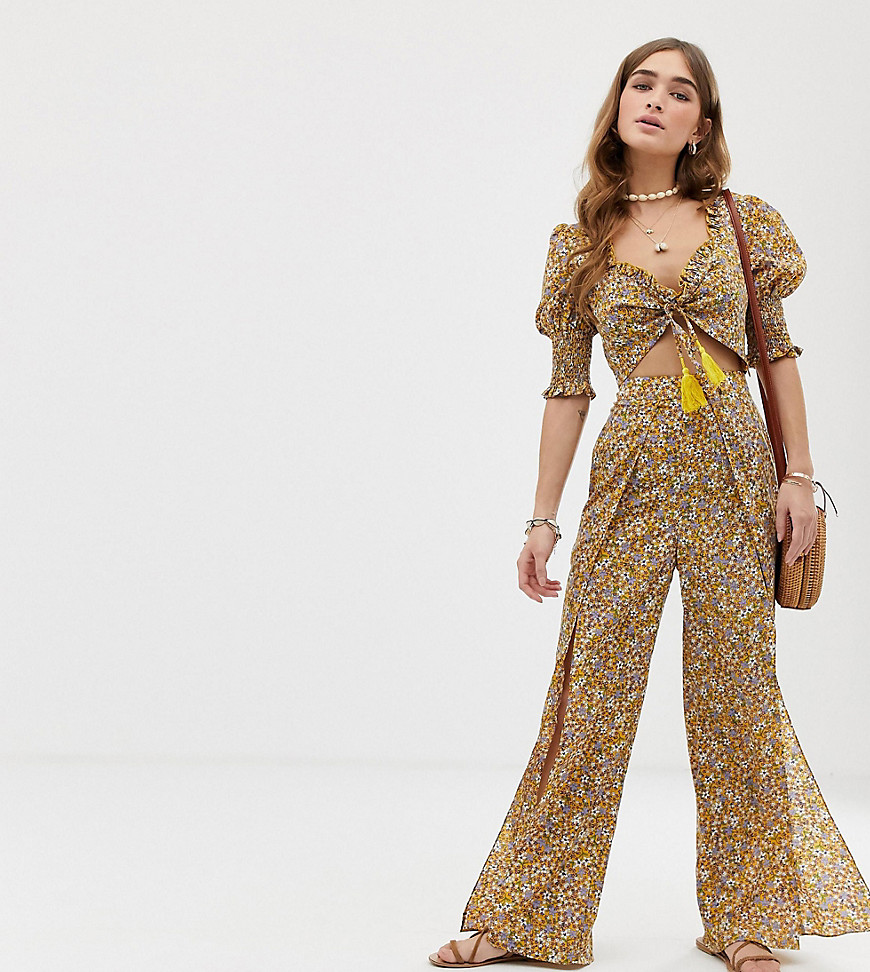Sisters Of The Tribe Petite high waist trousers with leg split in ditsy floral co-ord