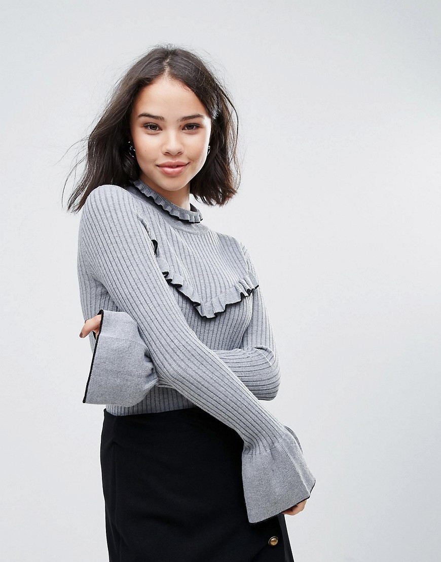 Soaked In Luxury High Neck Jumper With Frill Detail - Medium grey