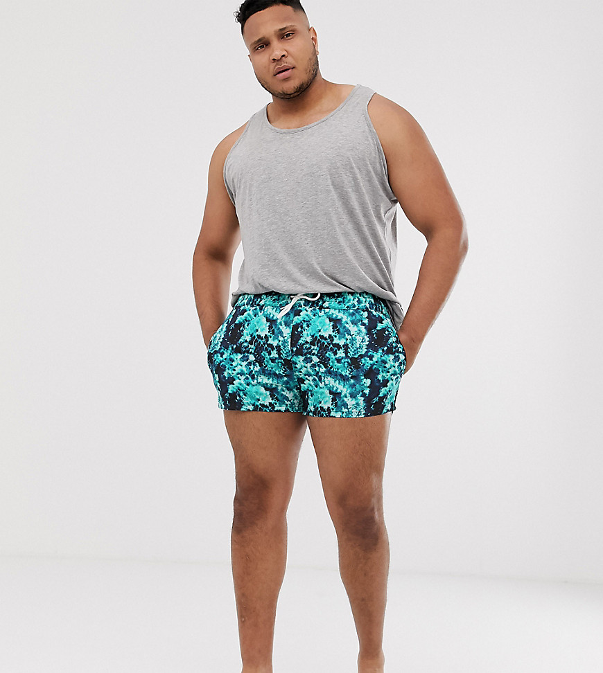 ASOS DESIGN Plus swim shorts in navy tie dye super short length