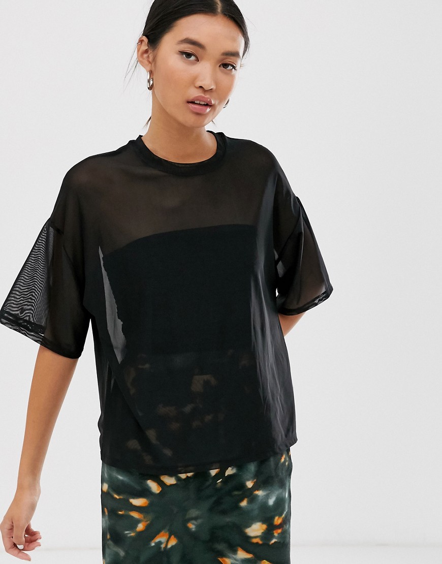Monki oversized mesh short sleeve top in black
