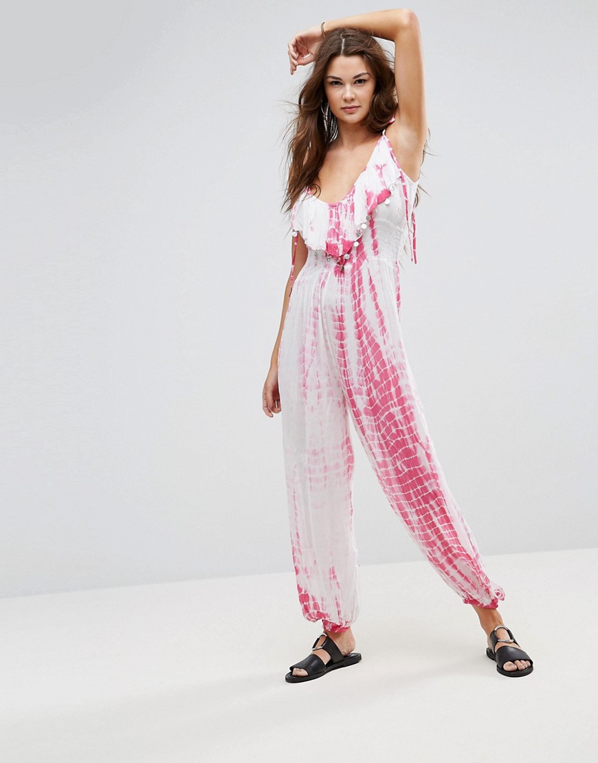 Anmol Tie Dye Printed Beach Jumpsuit With Side Split - Pink white