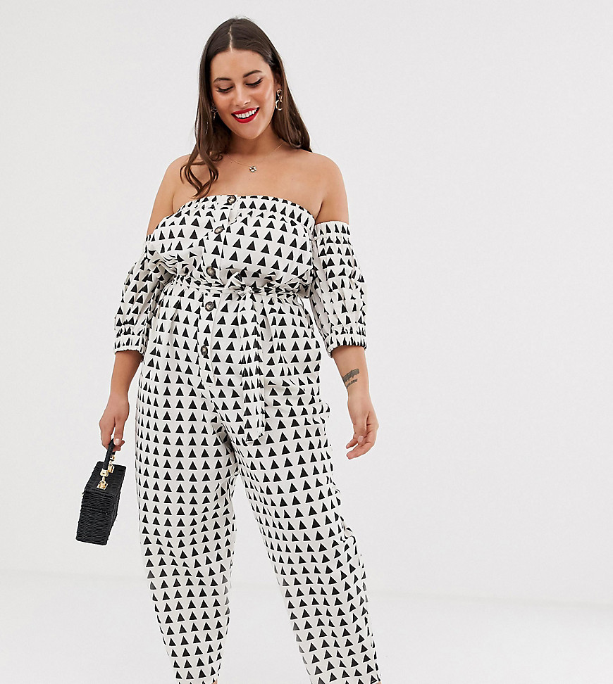 ASOS DESIGN Curve off shoulder button front jumpsuit with tie waist in triangle print