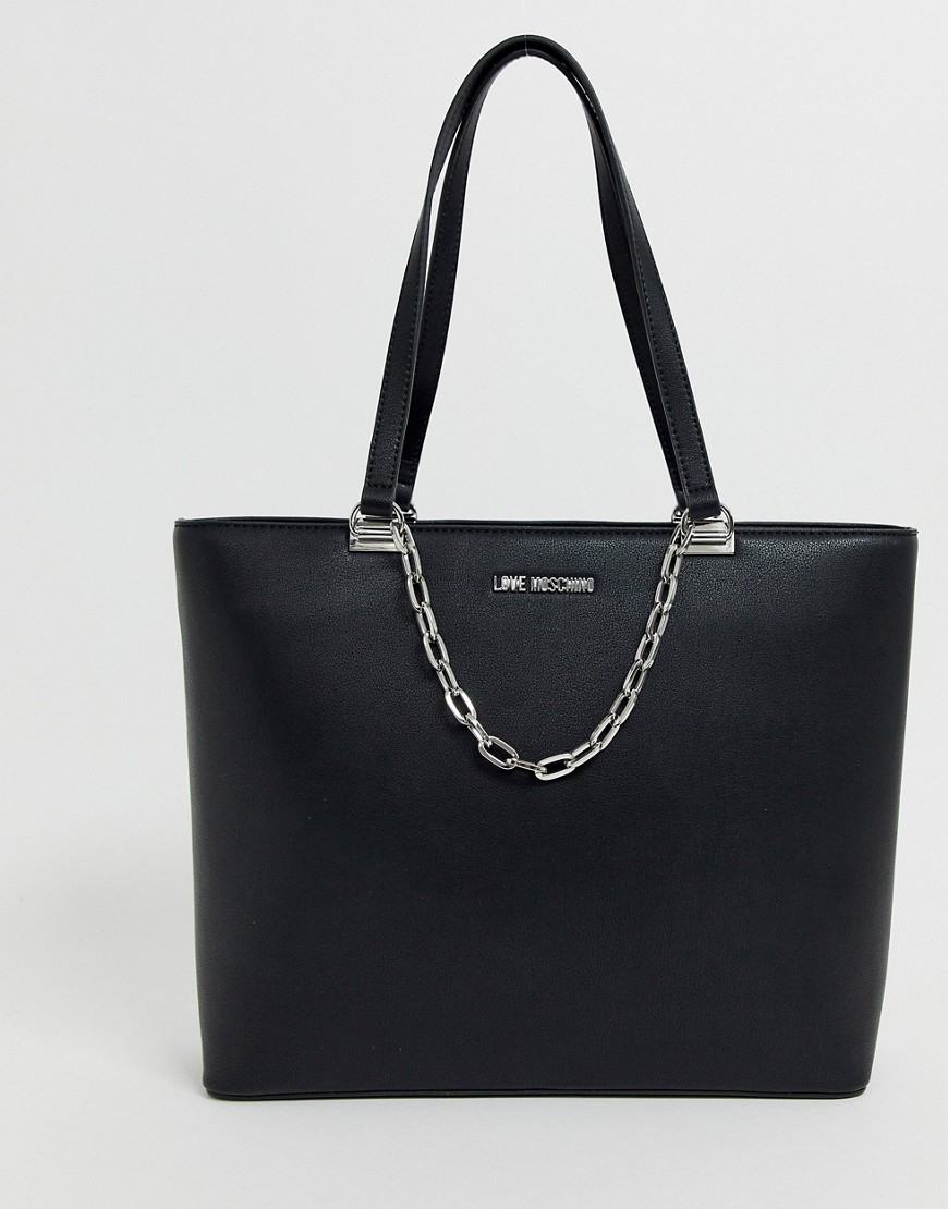 Love Moschino black tote bag with attached silver chain