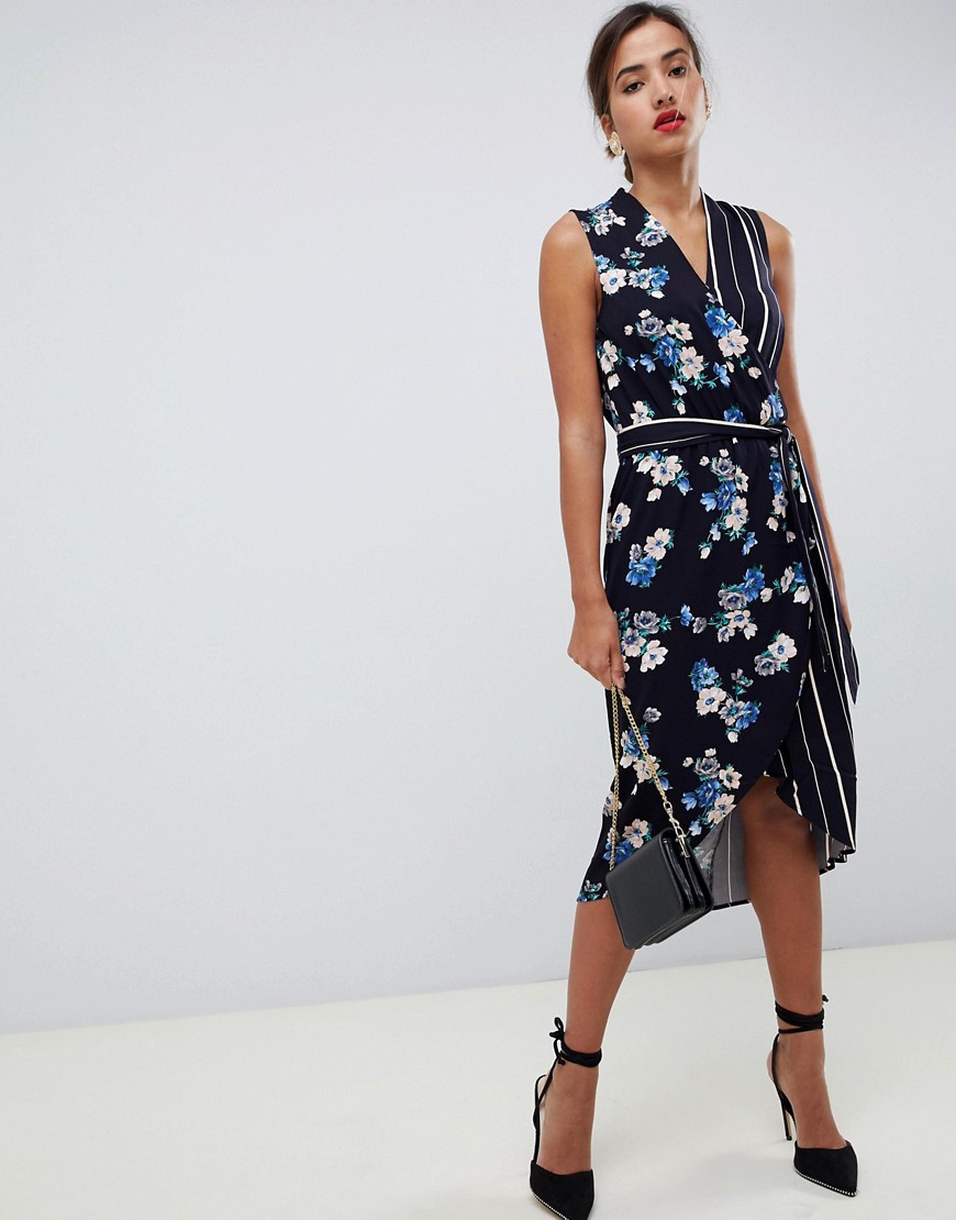 Oasis sleeveless wrap dress in floral and stripe print