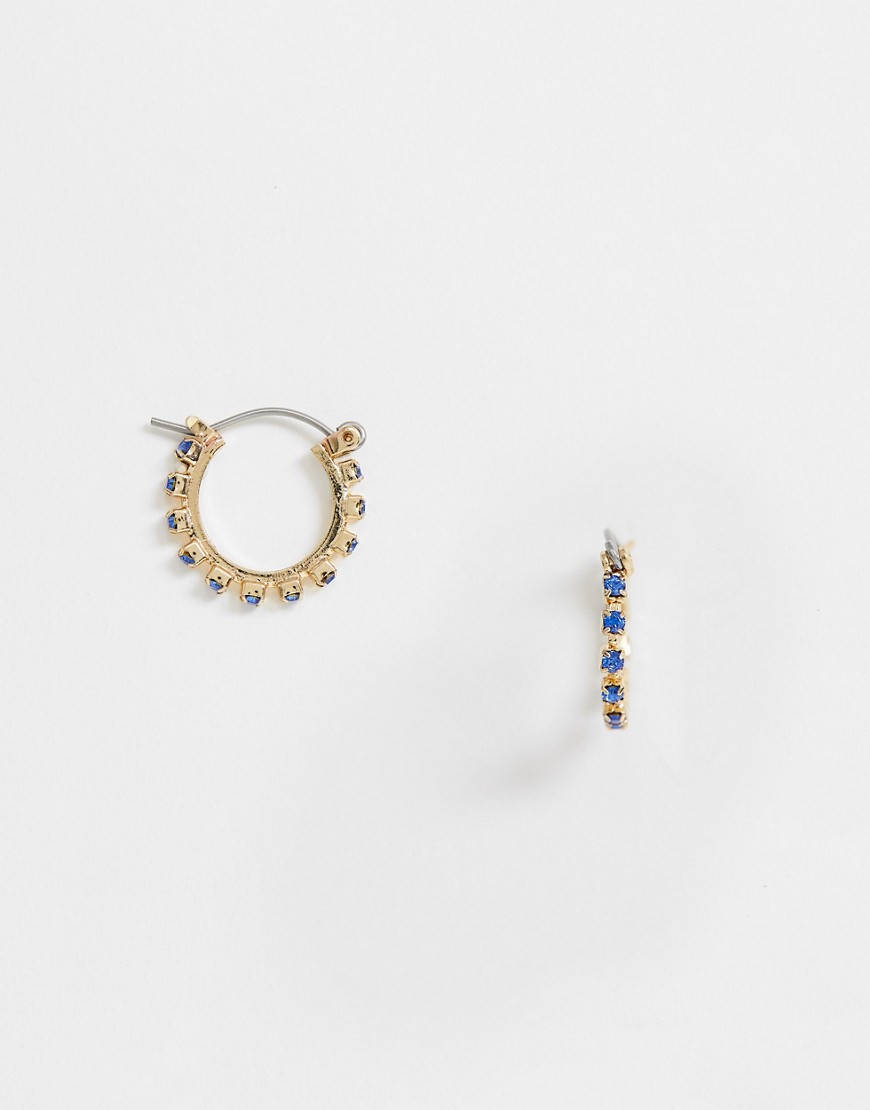Asos Design Hoop Earrings With Colored Rhinestones In Gold Tone-blue
