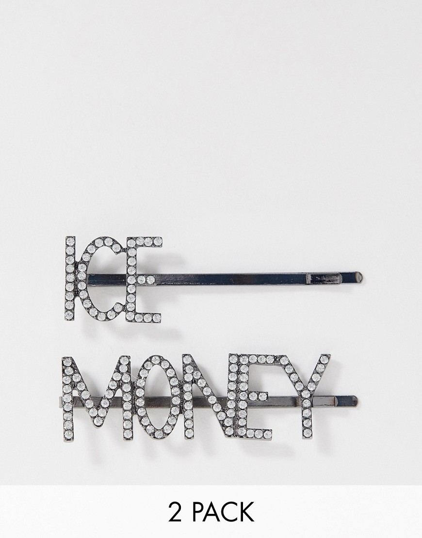 Asos Design Pack Of 2 Crystal Hair Clips In Money And Ice Slogan-silver