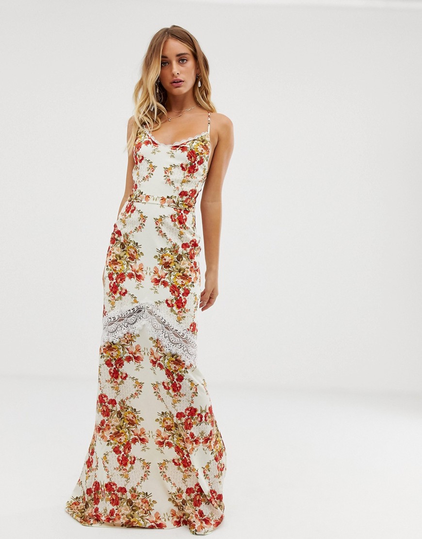 Hope & Ivy high all over printed maxi dress with lace inserts in orange floral