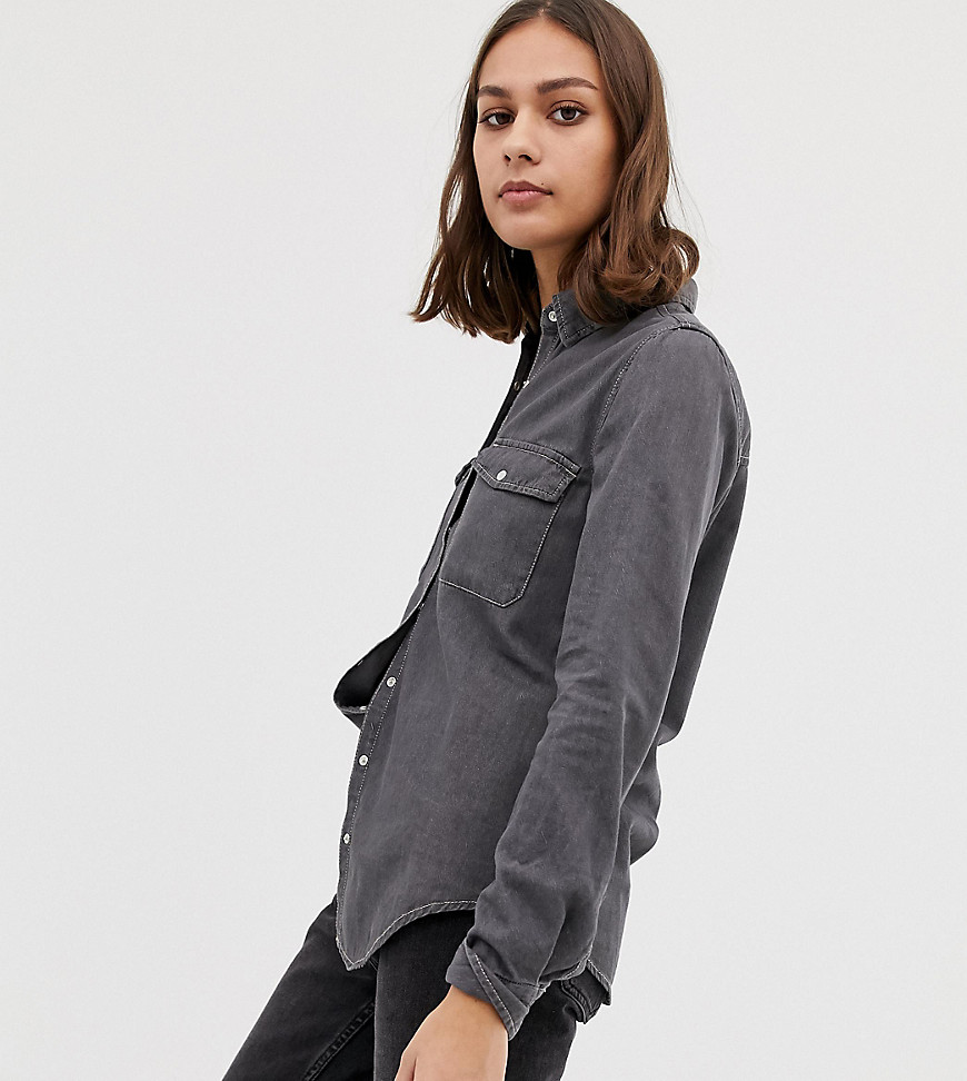 Pull&Bear Fitted denim shirt in Washed Black