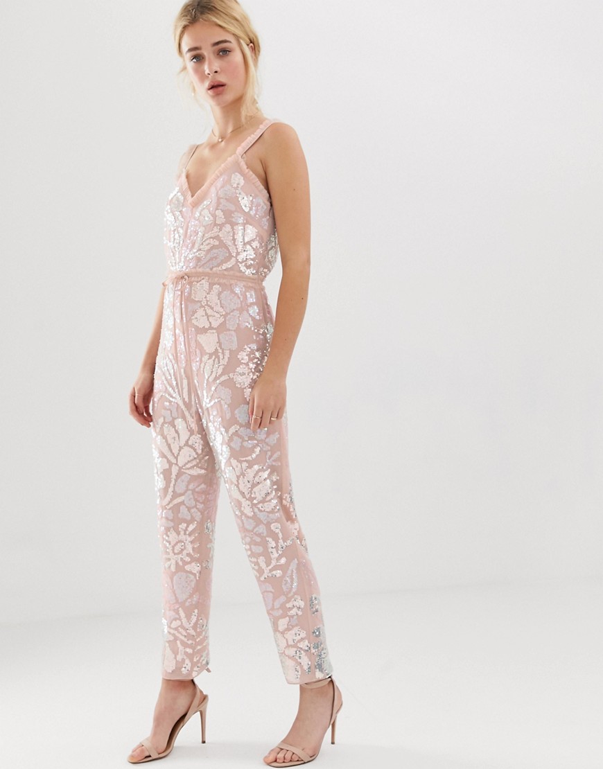 Needle and Thread floral embellished jumpsuit with tie waist in rose quartz