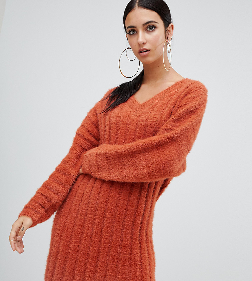 Missguided v neck fluffy knitted jumper dress