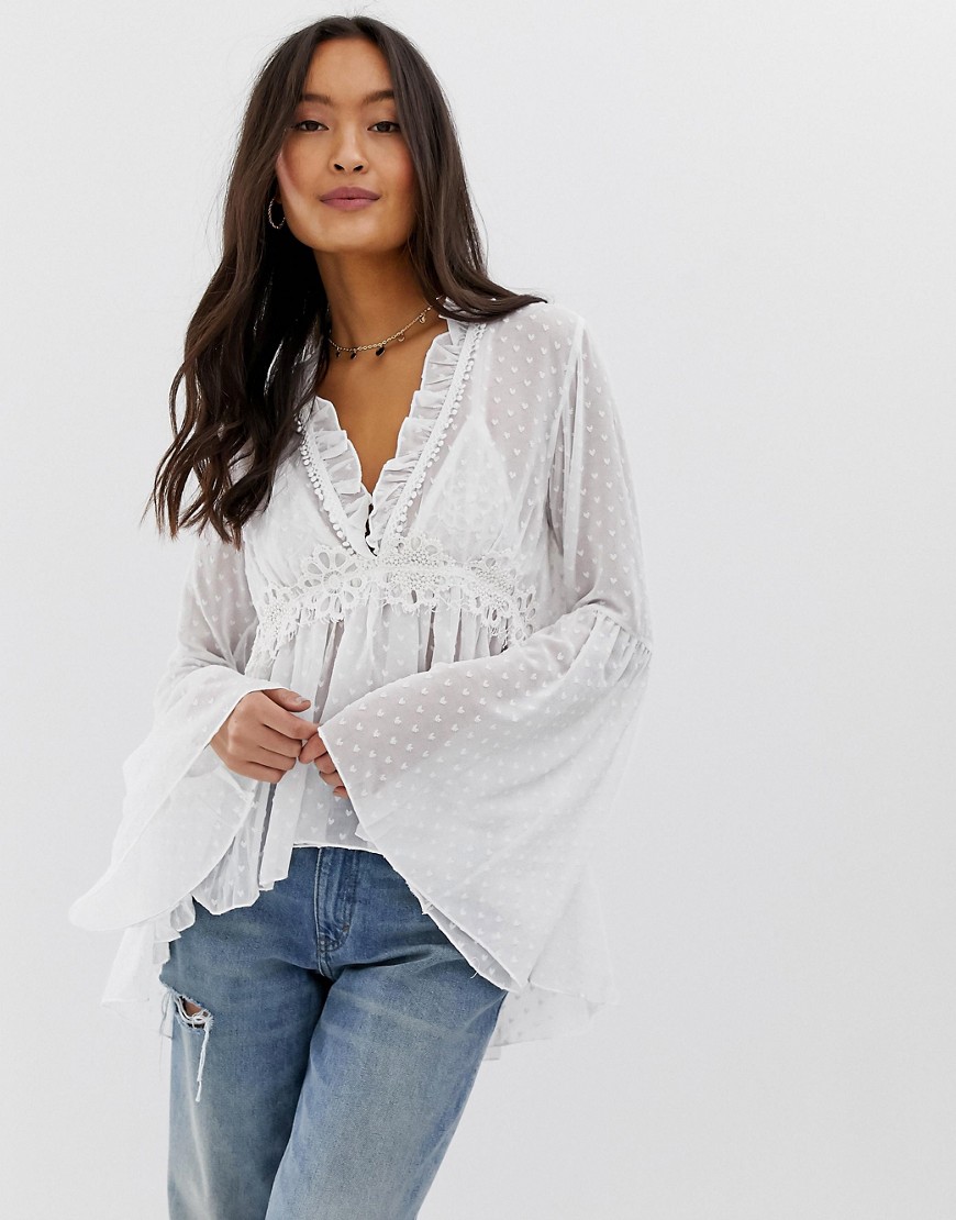 QED London spot mesh blouse with bell sleeve in white