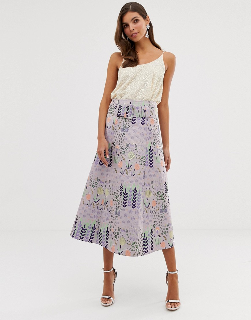 ASOS DESIGN floral jacquard full midi skirt with self belt