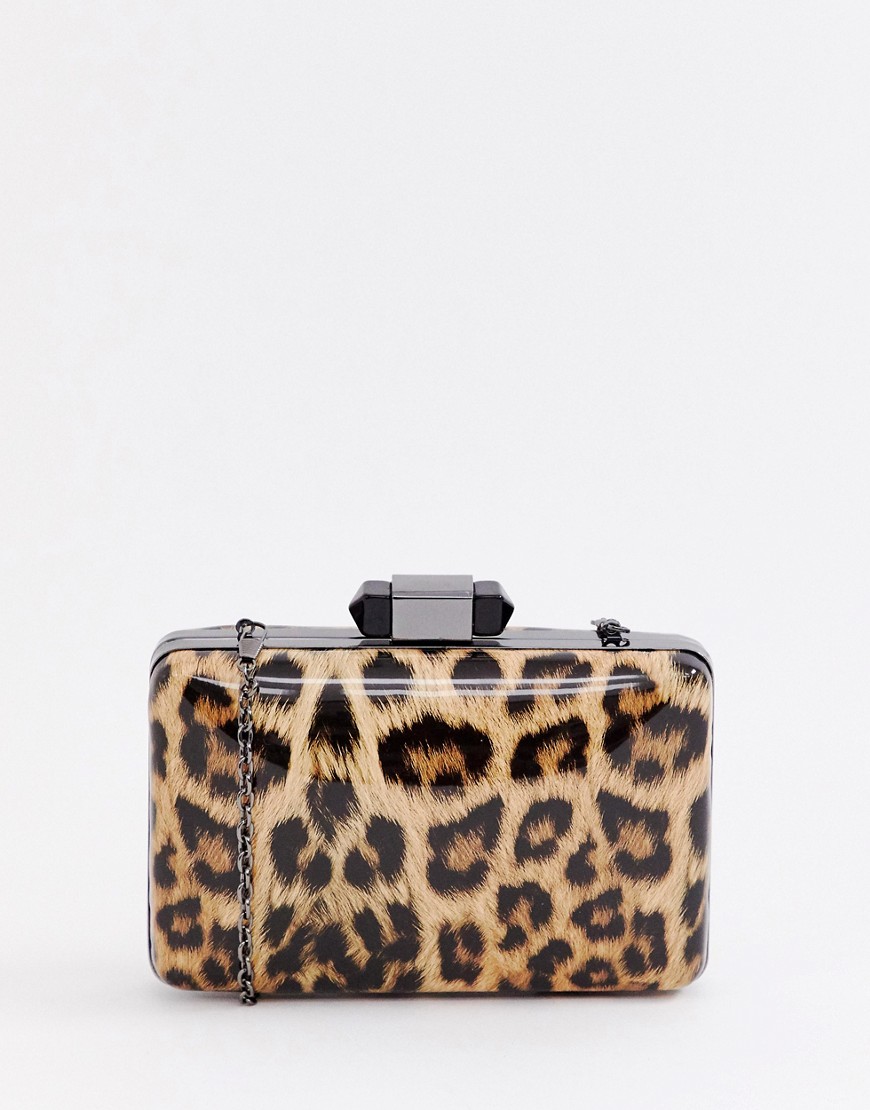 True Decadence patent leopard print box clutch bag