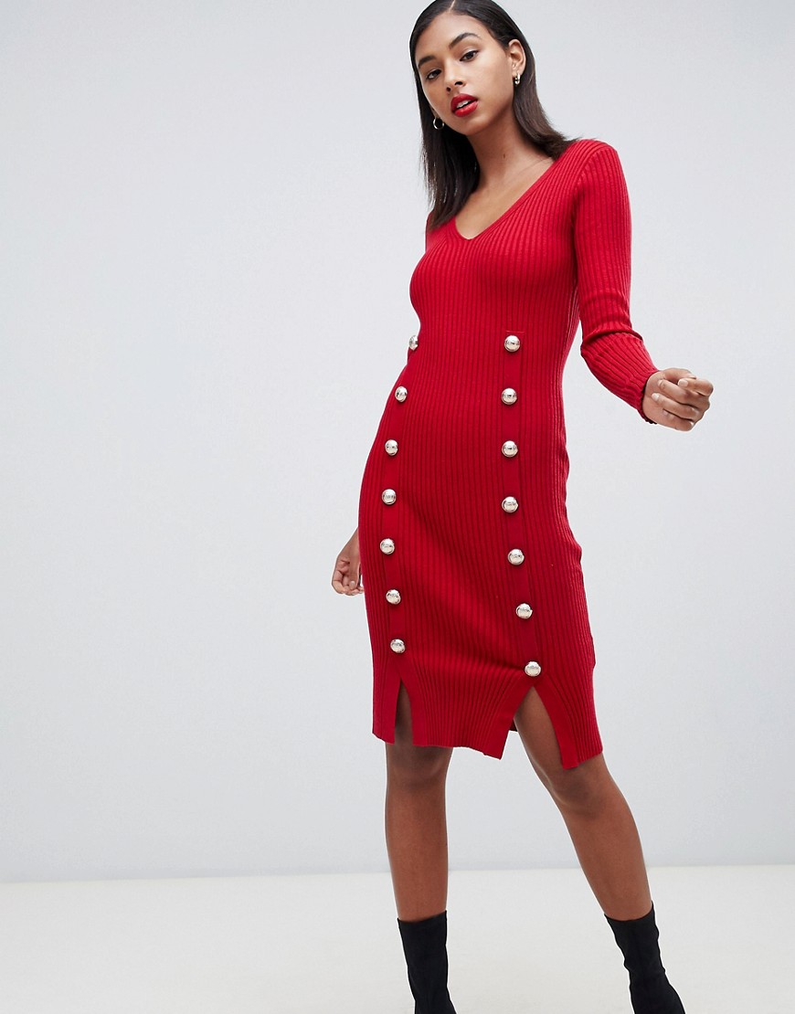 Morgan knitted bodycon dress with button detail in red