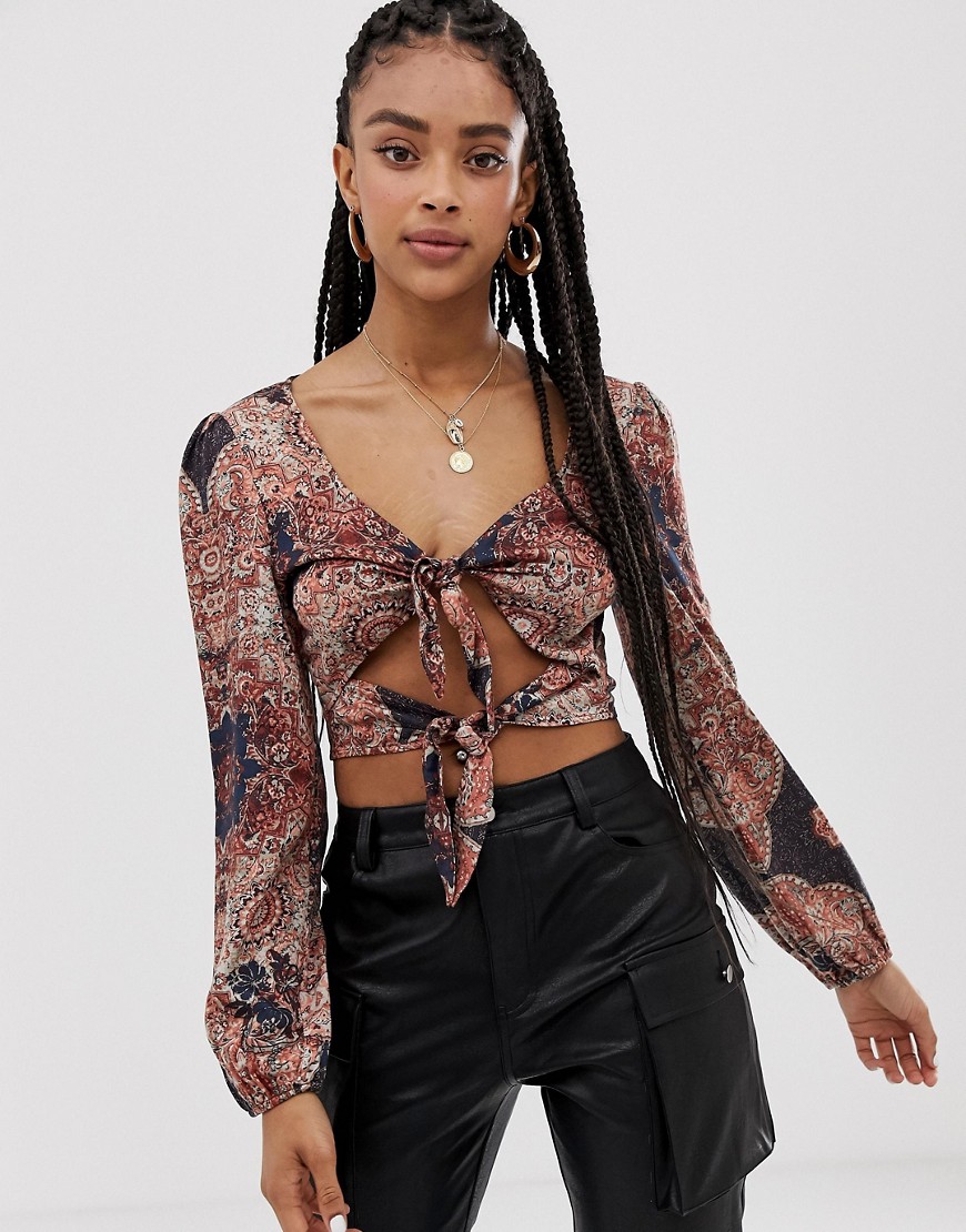Wild Honey long sleeved top with tie front in paisley