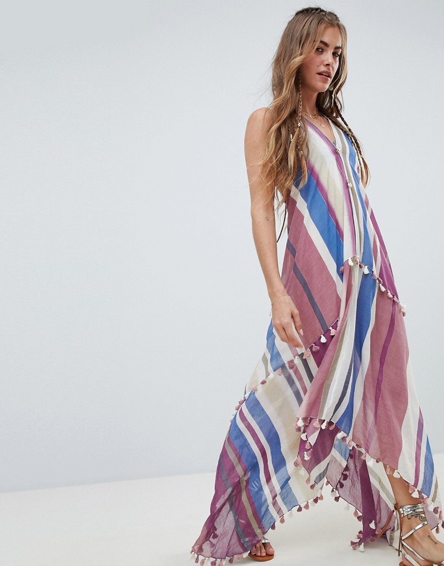 Aratta Maxi Cami Dress With Tassel Trim In Stripe - Violet stripe